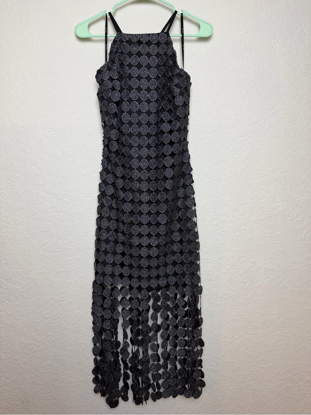 Just Me Black Midi Dress with Circle Appliqué and Fringe